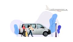 image of etransfers clients next to a passenger van and an airport behind them.